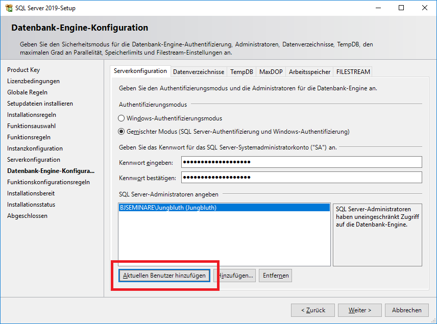 Definition eines Datenbank-Administrators bei der Installation
